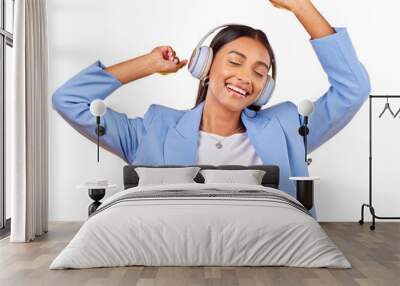 Dancing to music, headphones and happy woman streaming audio, listen to song and sound. Radio, smile and Indian business person moving with energy or freedom isolated on a transparent png background Wall mural