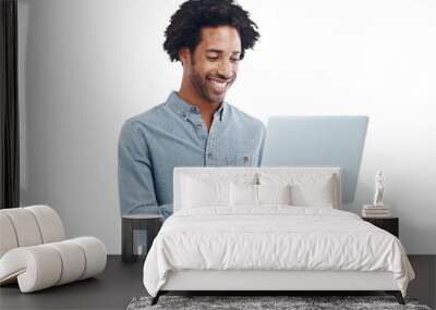 Happy man, laptop and typing on internet isolated on transparent, png background for email. Black male model smile for computer research, connection or funny social media meme or programming success Wall mural