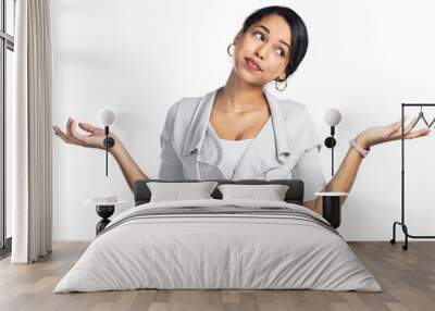 PNG Studio shot of a young businesswoman shrugging her shoulders against a grey background Wall mural