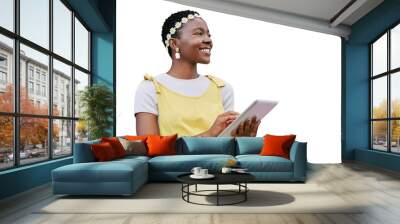 Thinking, tablet and happy with a black woman isolated on a transparent background for social media. Idea, technology and smile with an attractive young african person browsing the internet on PNG Wall mural