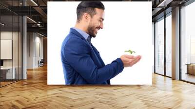 Business man, plant and ecology with growth and investment isolated on transparent png background. Environment, agro company development and male person with leaves in hands and sustainability Wall mural