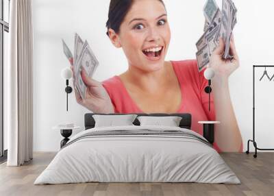 Cash, money and a woman excited for win, investment growth and finance. Winner, dollars and happy female person portrait with lotto prize, profit or giveaway isolated on transparent, png background Wall mural