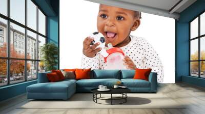 Isolated African baby girl, bottle and happy for playing, soccer ball and transparent png background. Young black kid, learning and childhood development with playful, growth and infant fashion Wall mural