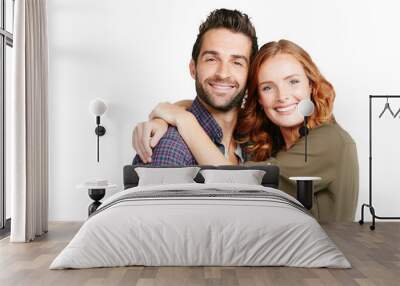 Isolated couple, hug and smile in portrait with bond, care and love by transparent png background. Happy ginger woman, man and embrace with excited face, romance and together for date with fashion Wall mural