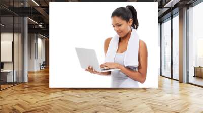 Isolated woman, workout and typing with laptop for fitness research, reading and transparent png background. Girl, model or personal trainer with pc for writing wellness blog, search and health info Wall mural