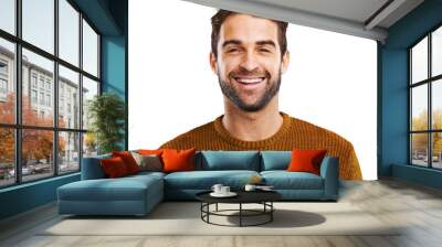 Man, happy and handsome face with joy for funny joke isolated on a transparent, png background. Portrait, smile and young male person with modern jersey with fashion and trendy style feeling cool Wall mural