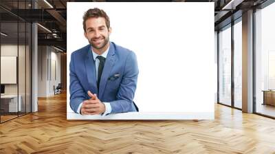 Portrait, happy or businessman with board for advertising for job opportunity, news or announcement. Smile, mockup space or entrepreneur with a marketing sign isolated on transparent png background Wall mural