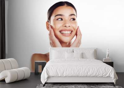 Thinking, skincare and face of woman with beauty on isolated, PNG and transparent background. Dermatology, wellness and happy female person with smile for natural cosmetics, makeup and facial care Wall mural