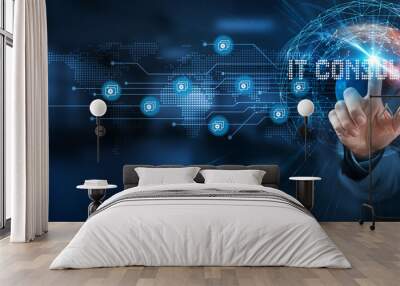 An IT consulting firm provides a smart solution to various business challenges. A businessman points at a virtual network connecting service with graphical icons in IT consulting. Wall mural