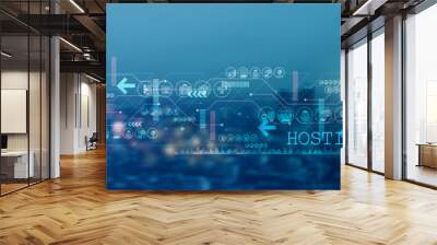 Businessman holds global Hosting with network connected to data centers, cloud infrastructure, and internet services. Web development resources to optimize performance, enhance security, and support. Wall mural