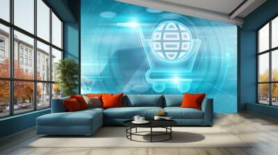 Businessman using laptop and analysis to monitor e-commerce growth and performance, leveraging insights and data available on the global network to drive strategic decisions and expand market reach. Wall mural