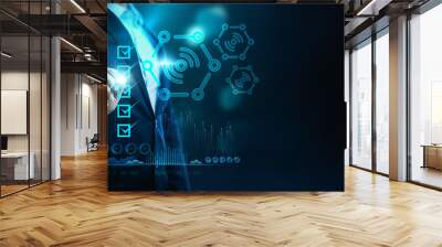 Businesswoman pushing the Internet of Things (IOT) Wall mural