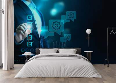 Consulting Technology Communication TOUCHSCREEN FUTURISTIC CONCEPT The businessman presses the button on the touch-screen interface and selects service. busines concept. Wall mural