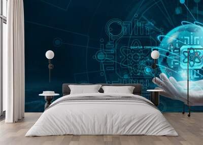 Hand holding a globe with a network connecting data. The rise of digital technology and quantum computing is revolutionizing the way we process information, ushering in a new era of innovation. Wall mural