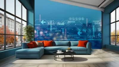 LegalTech. Businessman holds global legal technology (legaltech) with network connected to law firms, corporations, and legal departments. Digital development aims to streamline legal processes. Wall mural