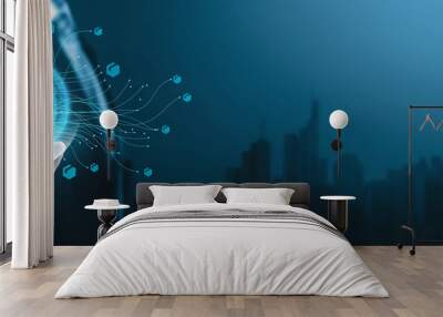 Supply chain management (SCM) technology, Businessman touching digital global network of seamless data exchange. Digital transformation is enabling a connected future for the supply chain industry. Wall mural