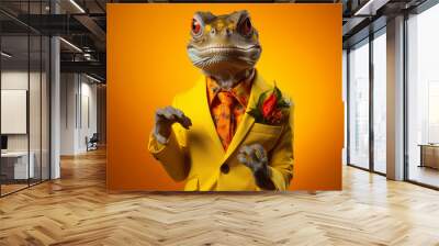 garden lizard wearing a yellow blazer on yellow background Wall mural