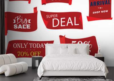 Digital render of a set of red sale and discount icons on a white background Wall mural