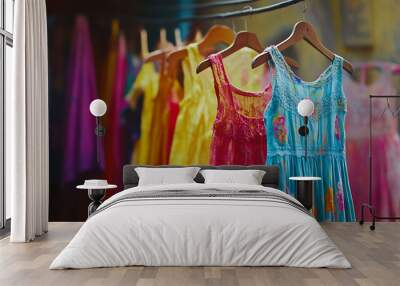 Colorful cotton dresses hanging on hangers create vibrant display Wall mural