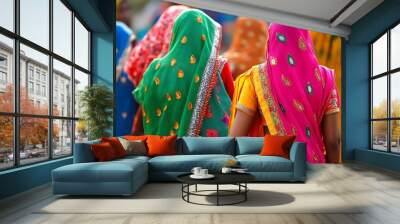 People wear different colored saris. Wall mural