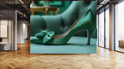 A chic and stylish satin sleeper shoe mockup on a solid green background, emphasizing its bow detail and round toe, all photographed in high definition to showcase its feminine and elegant appeal Wall mural