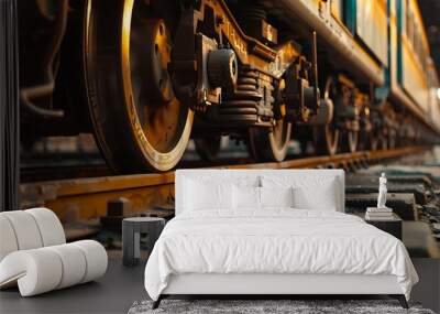 A close-up of a metro train's wheels on the tracks. Wall mural