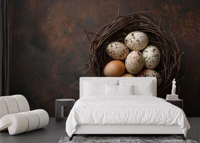 A group of speckled eggs in a small nest on a dark brown background Wall mural