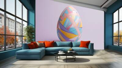 A pastel-colored Easter egg with a geometric pattern on a light purple background Wall mural