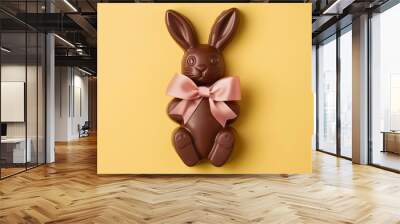 A single chocolate bunny with a bow on a light yellow background Wall mural