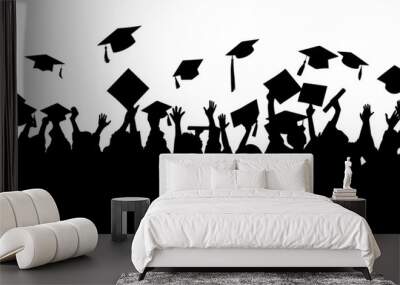 Crowd of graduates in mantles, throws up the square academic caps. Graduated student. Happy Graduation Activity Silhouettes.  Wall mural