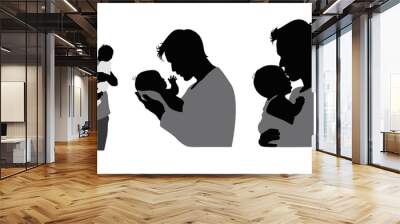 Dad and newborn baby silhouette, father holding baby silhouette, father love his child Wall mural