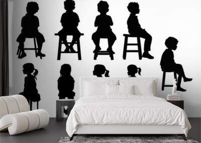 Little boy and little girl sitting on chair silhouette, vector silhouette of child sitting Wall mural