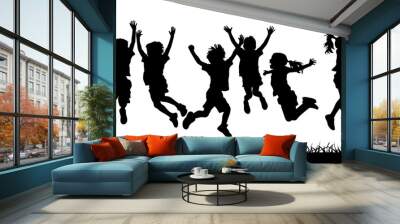 Many kid jumping cheerfully on grass, kids Jumping Silhouette, Vector silhouette of children playing Wall mural