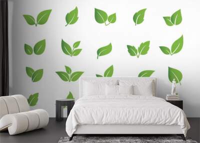 Set of green leaf icons. Leaves icon. Leaves of trees and plants. Collection green leaf Wall mural