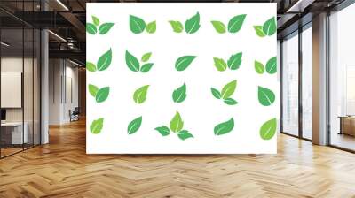 Set of green leaf icons. Leaves icon. Leaves of trees and plants. Collection green leaf Wall mural