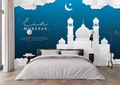 Eid Mubarak Greeting Card Islamic white and blue luxury background with mosque Wall mural