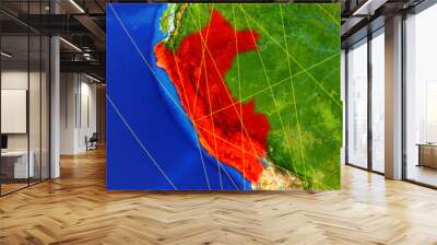 Peru from space on model of planet Earth with networks. Detailed planet surface with city lights. Wall mural