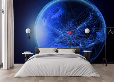 Poland from space on planet Earth with blue digital network representing international communication, technology and travel. Wall mural