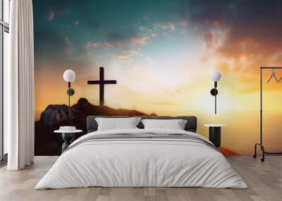 Christmas concept: The cross on mountain sunset background, Generative AI Wall mural