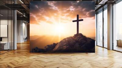 Christmas concept: The cross on mountain sunset background, Generative AI Wall mural