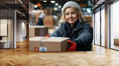 Mature volunteer organizing donations in boxes while working at humanitarian aid center, Generative AI Wall mural