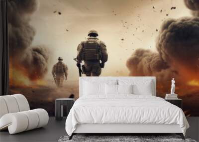 military special forces soldiers crosses destroyed warzone through fire and smoke in the desert, wide poster design with copy space area - Generative AI Wall mural