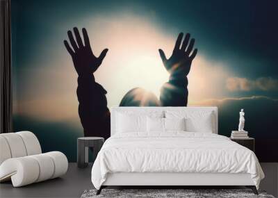 Prayer and worship concept:Human hands open palm up worship, Generative AI Wall mural