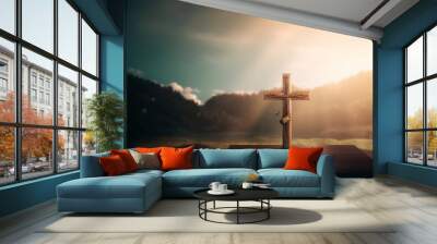 salvation concept:The Cross symbol of christian and Jesus Christ, Generative AI Wall mural