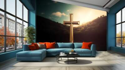 salvation concept:The Cross symbol of christian and Jesus Christ, Generative AI Wall mural