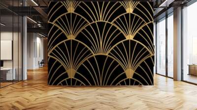 Seamless golden Art Deco scallop palm fan line pattern. Vintage abstract geometric gold plated high relief sculpture on dark black background. Modern elegant metallic luxury backdrop. Generative AI Wall mural