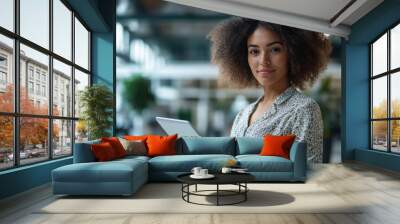 Theres so much ease to working wirelessly. Portrait of a young businesswoman using a digital tablet in an office, Generative AI Wall mural