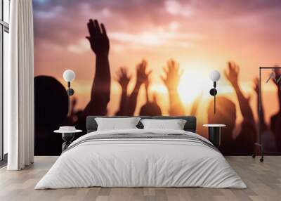 Worship and praise concept: christian people hand rising on sunset background, Generative AI Wall mural