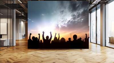 Worship and praise concept: Silhouette many people raised hands over sunset background, Generative AI Wall mural