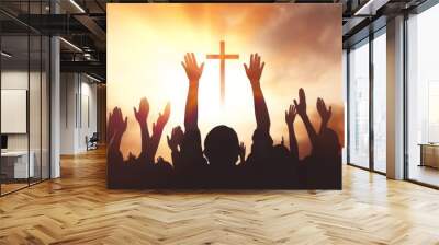 Worship concept: christian people Raise hand over cross on spiritual sky background, Generative AI Wall mural